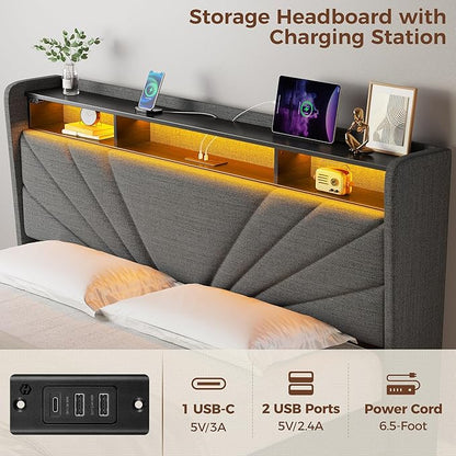 Rolanstar Queen Size Bed Frame, Storage Headboard with Charging Station and LED Lights, Upholstered Bed with Heavy Duty Wood Slats, No Box Spring Needed, Noise Free, Easy Assembly, Dark Grey