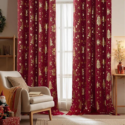 NICETOWN 2 Panels Christmas Curtains W52 x L84 in, Gold Foil Christmas Tree Printed Thermal Insulated Curtains, Xmas Theme Holiday Decor for Bedroom Living Room, Xmas Gifts Drapes, Burgundy Red