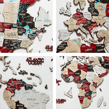 Handmade 3D Wood World Map Wall Art Large Wall Decor Track Your World Travels - Special for Home, Kitchen and Office (Large, Urban)