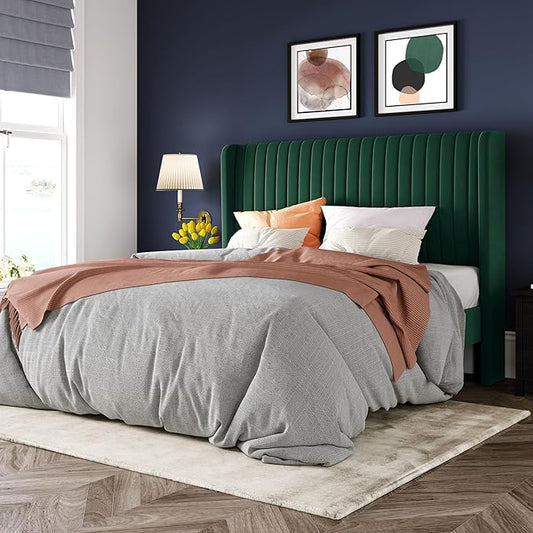 Allewie Queen Size Bed Frame/Velvet Upholstered Platform Bed/Vertical Channel Tufted Wingback Headboard/Strong Wooden Slats/No Box Spring Needed/Easy Assembly/Green