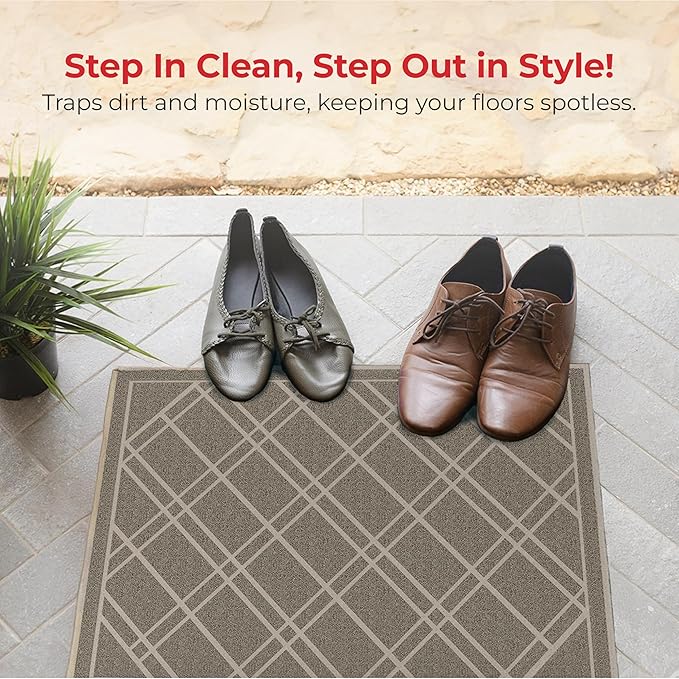 SlipToGrip Durable Door Mat - Taupe Plaid Design Entryway - 42x35 inches, No-Slip and Washable - Indoor and Outdoor Use, Weatherproof - Ideal for Garage, Patio, and Front Entryway