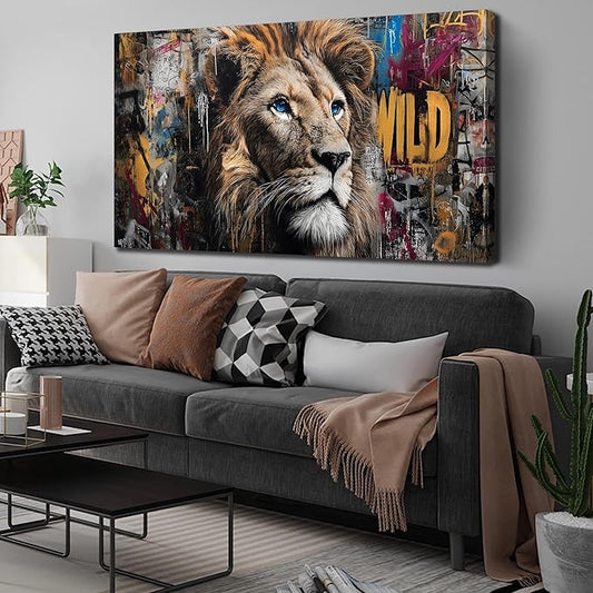 JuhaiArt Brown Wall Art Lion Artwork Graffiti Wall Decor Animal Canvas Art for Living Room Bedroom Home Office Prints Colorful Large Picture 29" x 59"