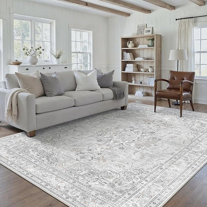 Grey 6x9 Area Rug Washable Vintage Carpet for Living Room Bedroom Large Soft Retro Floral Low Pile Thin Indoor Rug Non Slip Central Medallion Floor Cover for Dining Room Office