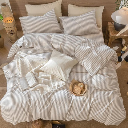 MooMee Striped Duvet Cover Set 100% Washed Cotton Linen Like Textured Breathable Durable Soft Comfy (Tannish Linen Grey White Classic Stripes, Oversized King Plus 128"x120")