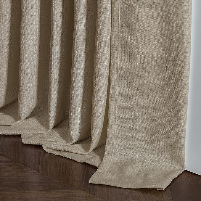 Neutral Pinch Pleated 96 Inch Curtains 2 Panels Set for Windows Flax Linen Textured Drapes Pinch Pleat Back Tab Privacy Light Filtering Greige Curtain Drape with Hooks Rings for Living Room Bedroom