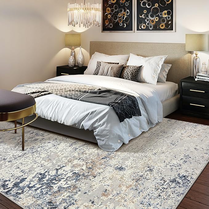 Area Rug Living Room Rugs - 12x18 Washable Large Soft Indoor Neutral Modern Abstract Low Pile Rug Carpet for Bedroom Dining Room Farmhouse Home Office - Beige Blue