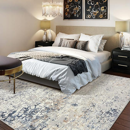 Area Rug Living Room Rugs - 6x9 Abstract Large Soft Indoor Washable Rug Neutral Modern Low Pile Carpet for Bedroom Dining Room Farmhouse Home Office - Beige Blue