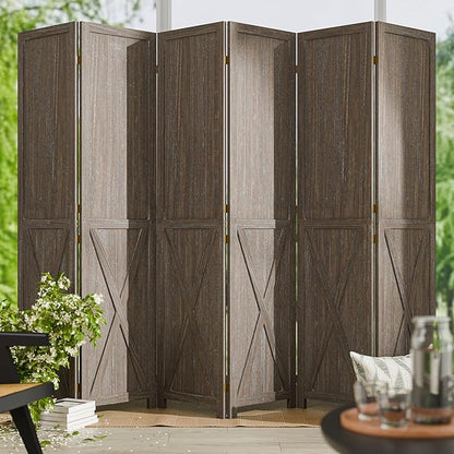 Cozy Castle Wood Room Divider, 6 Panels Folding Privacy Screen, 66.9'' Wall Divider, Barnwood Room Separator, Freestanding Partition, Temporary Wall for Decorative, Rustic Brown