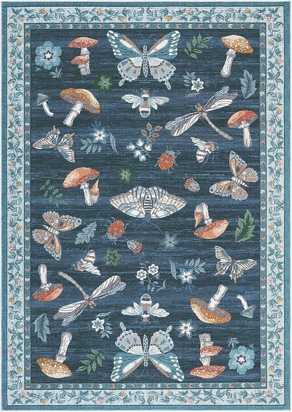 Mushroom Washable Area Rug 6x9 Rugs for Living Room Soft Low-Pile Stain Resistant Thin Carpet for Bedroom Dining Nursery Non Slip Mat with Rubber Blue