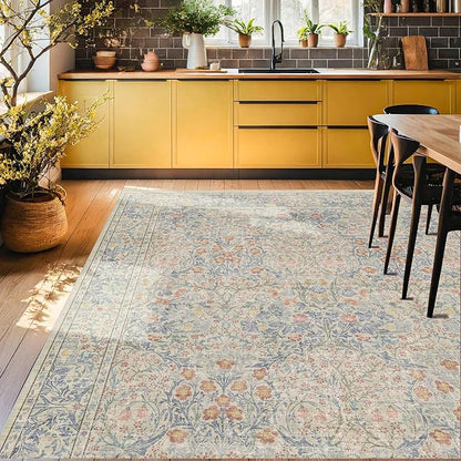 Washable Dining Room Rugs, 7x9 Area Rug for Living Room, Bedroom, Kids Playroom, Low Pile Non-Slip Lightweight & Stain Resistance - Light Beige Blue Oriental Vintage Design