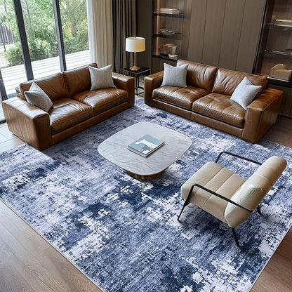 Area Rug Living Room Rugs - 8x10 Washable Large Soft Indoor Neutral Modern Abstract Low Pile Rug Carpet for Bedroom Dining Room Farmhouse Home Office - Navy Blue