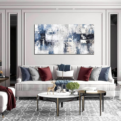 Prepeyssee White and Blue Abstract Canvas Wall Art for Living Room Bedroom Home Office Large Modern Grey Abstract Canvas Prints Picture Ready to Hang Size 24x48