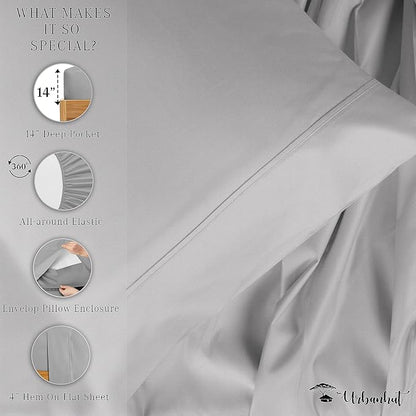 URBANHUT 800 Thread Count 100% Cotton Twin Size Sheets, Luxury 4 Piece Twin Bedsheets, Hotel Sheets Sateen Finish - Better Than Egyptian, 14" Elasticized Deep Pocket - Silver Grey