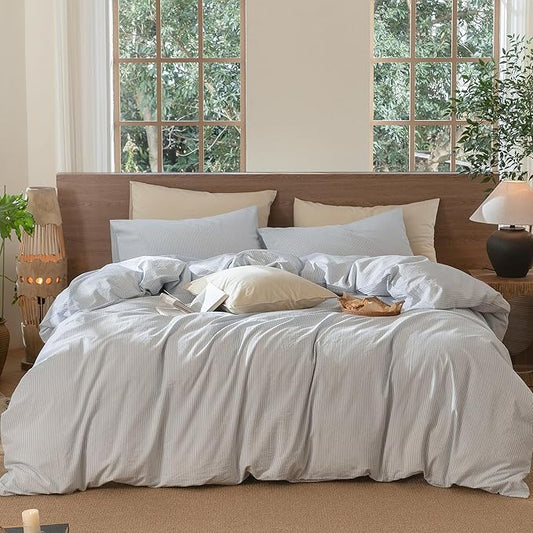 MooMee Striped Duvet Cover Set 100% Washed Cotton Linen Like Textured Breathable Durable Soft Comfy (Cornflower Blue White Pinstripes, Twin 68"x90")