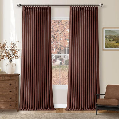 Maroon Blackout Pinch Pleated Linen Curtains 105 Inches Long for Living Room 2 Panels Thermal Insulted Dual Layer Drapes Ceiling Floor 105 Inch Window Curtains Bedroom Chestnut Reddish Brown
