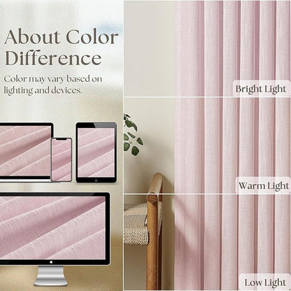 Pinch Pleated Pink Linen Curtains 120 Inches Long for Girls Bedroom Living Room Light Filtering Extra Long Pleated Semi Sheer 120 Inch Curtains Drape Window Panels Pink Blush Babys Nursery