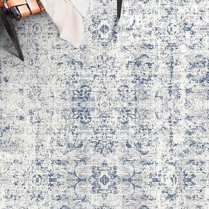 8x10 Area Rugs for Living Room, Non-Slip Backing Washable Rug 8x10, Blue Large Area Rug Soft Carpet for Bedroom Dining Room, Vintage Floral, Easy Clean, Durable, Low Pile Rug Under Table