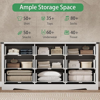 Dresser for Bedroom with 9 Drawers, 63" Wide Wood Chest of Drawers with Deep Drawers & Mental Handle, Modern Dresser TV Stand, Wooden Closet Storage Organizer for Living Room, Hallway, Entryway, White