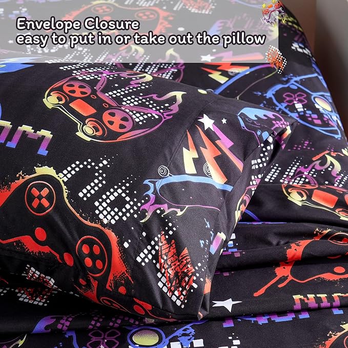 JSD Black Gaming Sheet Set Twin Size, 3 Piece Soft Kids Boys Printed Microfiber Bed Sheets Deep Pocket