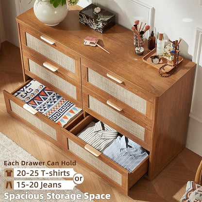 LEYAOYAO Rattan Dresser and Nightstand Sets 3 Piece, Boho Wood Dresser for Bedroom with 6 Drawers and Night Stand with 3 Drawer, Bedroom Furniture, Dressers & Chests of Drawers, Living Room, Hallway