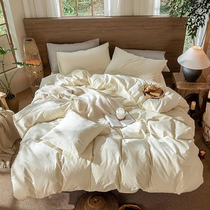 MooMee Wavy Striped Duvet Cover Set 100% Washed Cotton Linen Like Textured Breathable Durable Soft Comfy (Cream White, King 104"x90")
