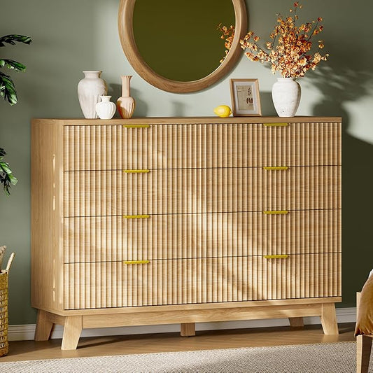 Fluted Dresser with 8 Drawers, 54" Wide Modern Chest of Drawers with Metal Handle, Wooden Dresser TV Stand, Wood Closet Clothes Storage Organizer for Bedroom, Living Room, Hallway, Natural Oak