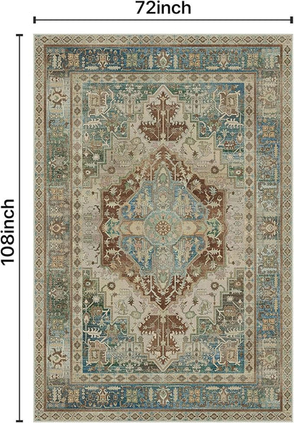 GENIMO 6X9 Area Rugs for Living Room, Machine Washable Vintage Floor Cover Foldable Modern Non Slip Rug, Low Pile Soft Indoor Carpet Floral Print Mat Rug,Bedroom/Dining Room/Home Office,Sage Green