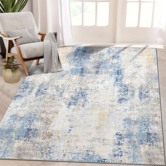 3x5 Rug, Small Area Rug for Living Room, Bedroom, Kitchen, Machine Washable Non-Slip Throw Rug, Modern Abstract Carpet for Entryway Nursery Coffee Table, Blue Ivory Yellow