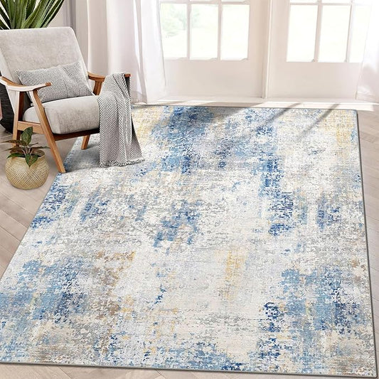 3x5 Rug, Small Area Rug for Living Room, Bedroom, Kitchen, Machine Washable Non-Slip Throw Rug, Modern Abstract Carpet for Entryway Nursery Coffee Table, Blue Ivory Yellow
