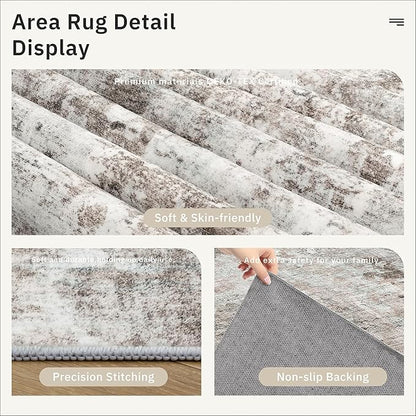 6x9 Abstract Area Rugs for Living Room 6 x 9 Washable Grey Pink Non Slip Low Pile Rugs for Bedroom Dining Room Foldable Thin