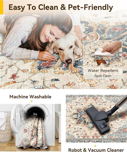 Area Rugs 4ft Washable Non-Slip, Floral Vintage Distress Print Pattern Medallion Carpet for Living Room Bedroom Dining Room, Beige Navy Blue Orange Colorful