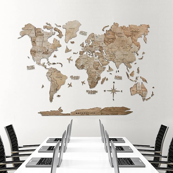 Handmade 3D Wood World Map Wall Art Large Wall Decor Track Your World Travels - Special for Home, Kitchen and Office (Large, Terra)