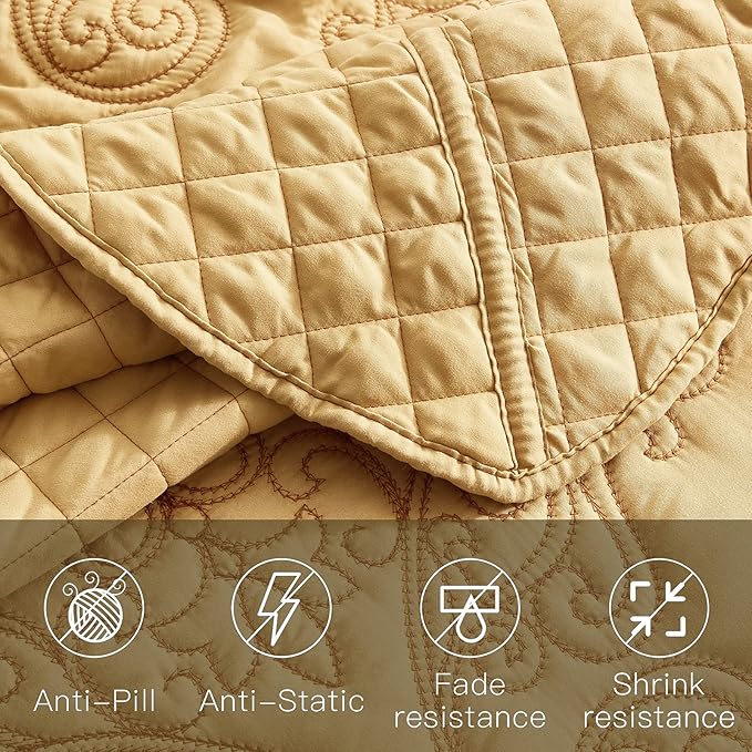 CHIXIN Oversized King Bedspread 128x120 Extra Wide - Lightweight Bedding Cover - Beautiful Stitching - 5 Piece Reversible Bedspread - Luxury Damask Paisley Pattern (King/Cal King, Honey-Gold)