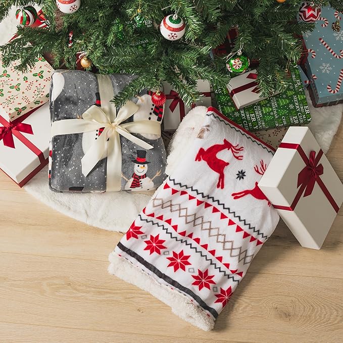 PAVILIA Premium Christmas Sherpa Throw Blanket, 60x80, Grey Snowman Cozy Fleece Holiday Blanket, Reversible Plush Winter Throw for Couch & Bed, Ultra Soft Warm Christmas