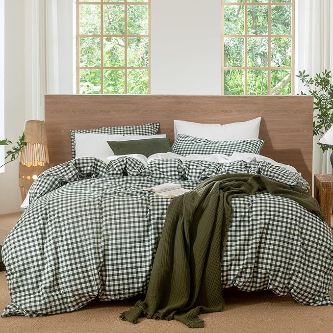 MooMee Gingham Duvet Cover Set 100% Washed Cotton Linen Like Textured Breathable Durable Soft Comfy Modern Checkered Design (Forest Green Gingham, Super King 108"x98")