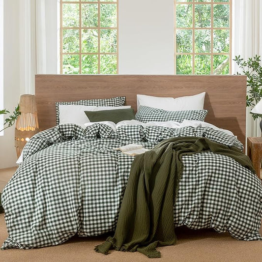 MooMee Gingham Duvet Cover Set 100% Washed Cotton Linen Like Textured Breathable Durable Soft Comfy Modern Checkered Design (Forest Green Gingham, Full 80"x90")