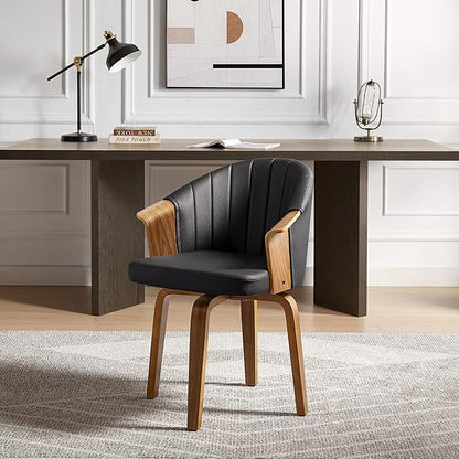 Art Leon Swivel Dining Chairs, Set of 2, Mid Century Modern Faux Leather Upholstered Kitchen Dining Room Chairs, Accent Desk Chairs with Wood Legs, Black/Walnut