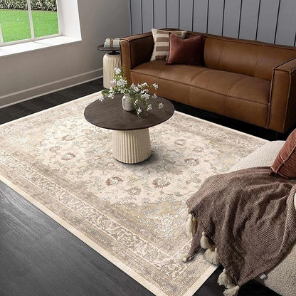vivorug Beige 9x12 Area Rugs for Living Room, Non Slip Machine Washable Vintage Rug, Ultra-Thin Lightweight Large Area Rug for Bedroom, Dining Room, Low Pile Rug