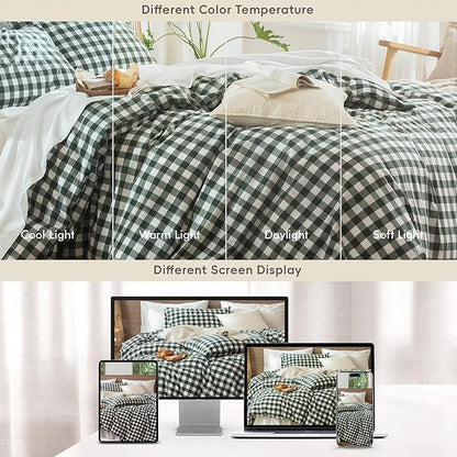 MooMee Gingham Duvet Cover Set 100% Washed Cotton Linen Like Textured Breathable Durable Soft Comfy Modern Checkered Design (Buffalo Plaid Forest Green, Palatial King/Oversized King 120"x98")