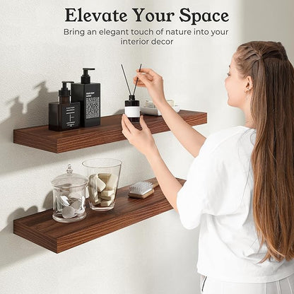Floating Shelves for Wall, 9.3" Deep Wall Mounted Wood Shelves for Bathroom, Bedroom, Living Room, Kitchen, Hanging Shelf for Books/Storage/Room Decor (Walnut, 55")