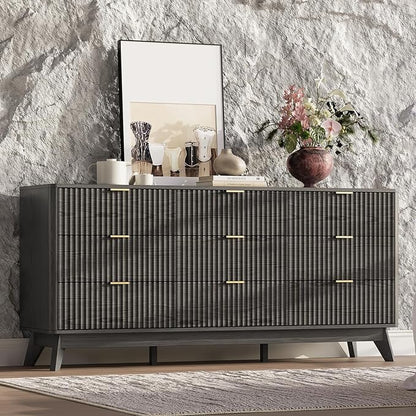 63'' Wide 9 Drawers Dresser for Bedroom,Modern Fluted Vertical Chest with Rounded Corners,Fluted Dresser for Living Room,Hallway, Black