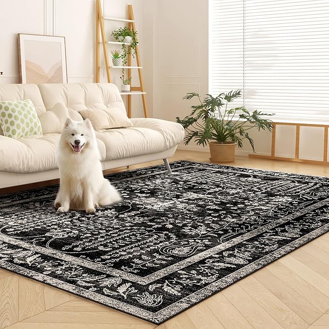 Area Rugs 5x7, Machine Washable Vintage Black Rugs for Living Room Large Carpets Indoor Floor Non Slip Distressed Rug Soft Area Rug for Bedroom Dining Room Home Office | Black