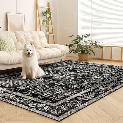 8x10 Area Rugs, Machine Washable Rugs for Living Room Modern Abstract Rug Soft Non-Skid Thin Carpet Indoor Floor Non-Shedding Carpets for Bedroom | Black