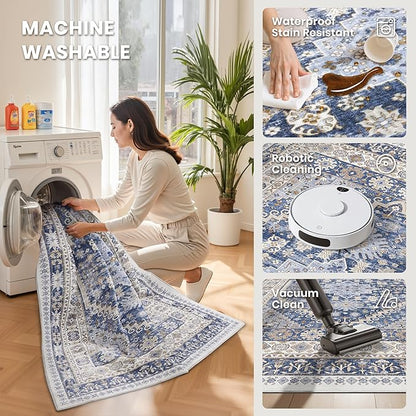 zesthome 8x10 Area Rugs for Living Room,Non-Slip Backing Washable Rugs,Vintage Large Area Rug,Stain Resistant Home Decor Rug (Blue/Beige,8'x10')
