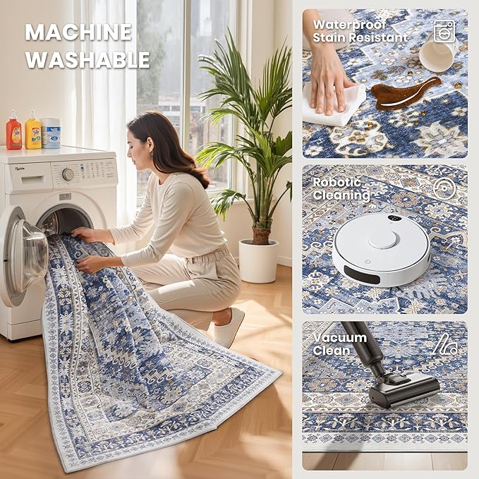 zesthome 9ft Round Rugs for Living Room, Non-Slip Washable Round Area Rugs, Ultra-Thin Large Circle Rugs, Soft Low Pile Rug for Bedroom, Kitchen - Vintage Stain Resistant Round Rug (Blue/Beige,9'x9')