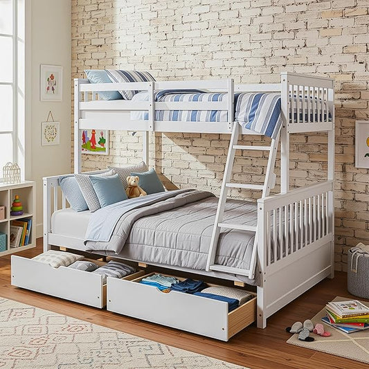 Merax Wood Bunk Bed with Drawers,Convertible Wood Bunk Bed with Ladders and Two Storage Drawers,Solid Wood Detachable Bed Frame with Ladders,Twin Over Full Size,White