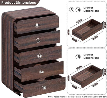 Walnut Dresser for Bedroom, Modern 5 Drawer Closet, Freestanding Dressers with Deep Drawers, Large Storage Organizer for Living Room, 29.5’’ W