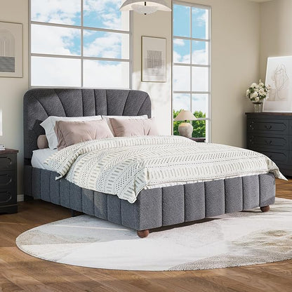 Full Size Boucle Bed Frame Upholstered Bed Frame Full with Adjustable Headboard, Solid Wood Slats Support, Bed for Bedroom Apartment, Dorm, No Box Spring Needed, Easy Assembly, Noise-Free, Grey