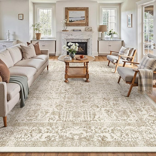 Light Brown Area Rug 9x12 Machine Washable Large Vintage Living Room Distressed Non Slip Carpet Traditional Indoor Bedroom Retro Floral Accent Throw Rug for Office Kitchen Dining Room