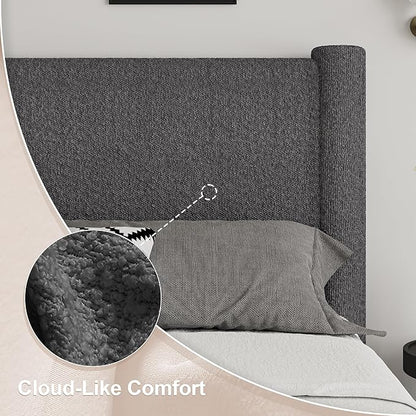 King Size Bed Frame, Boucle Upholstered Platform Bed with Headboard and Footboard, Soft Rounded Corners, No Box Spring Required, Easy Assembly, Dark Grey